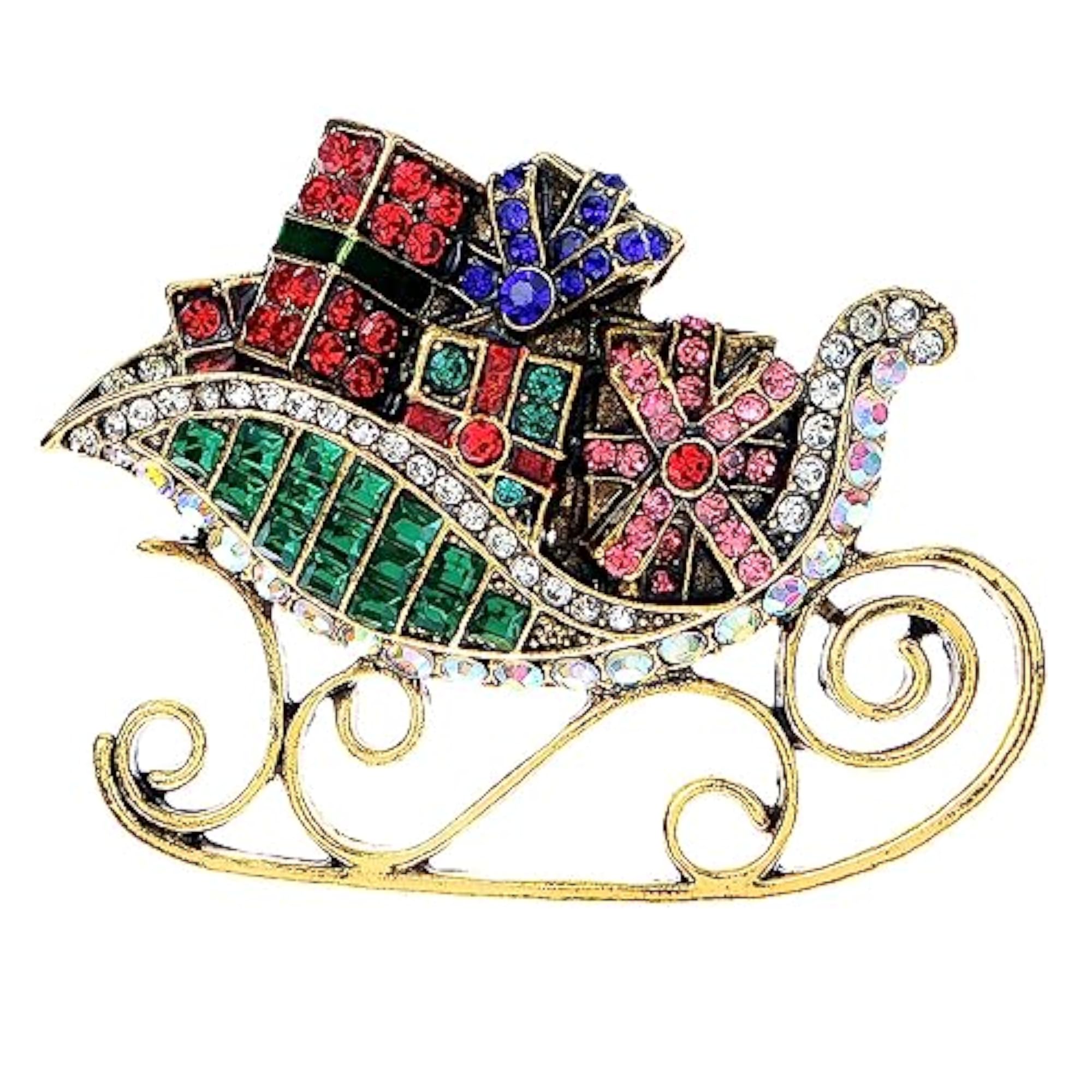 Christmas Sleigh Ride Multi-Colored Rhinestone Brooch Pin for Women & Men
